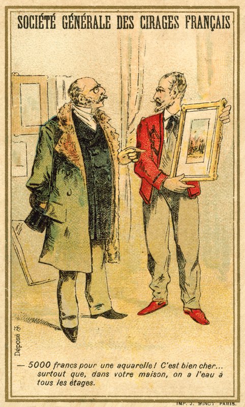 Muž smlouvá o cenu akvarelu s umělcem (chromolitho) od French School