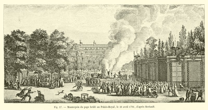 Papežská figurína upálená v Palais-Royal, 16. dubna 1791, podle Bertaulta od French School