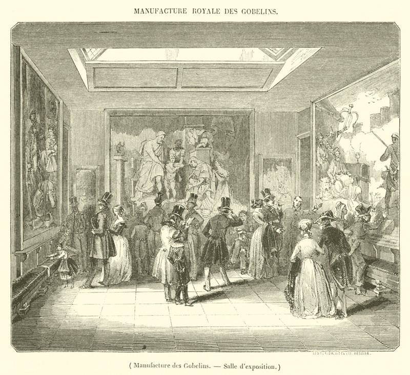 Manufacture des Gobelins, výstavní místnost (rytina) od French School