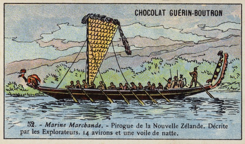 Maorská kánoe, Nový Zéland (chromolitho) od French School