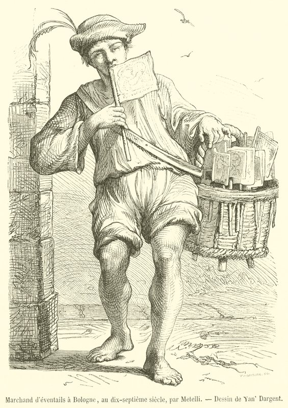 Obchodník s ventilátory v Bologni, sedmnácté století (rytina) od French School