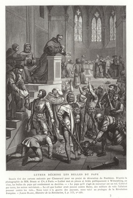 Martin Luther trhá papežské buly, Wittenberg, Německo, 1520 od French School