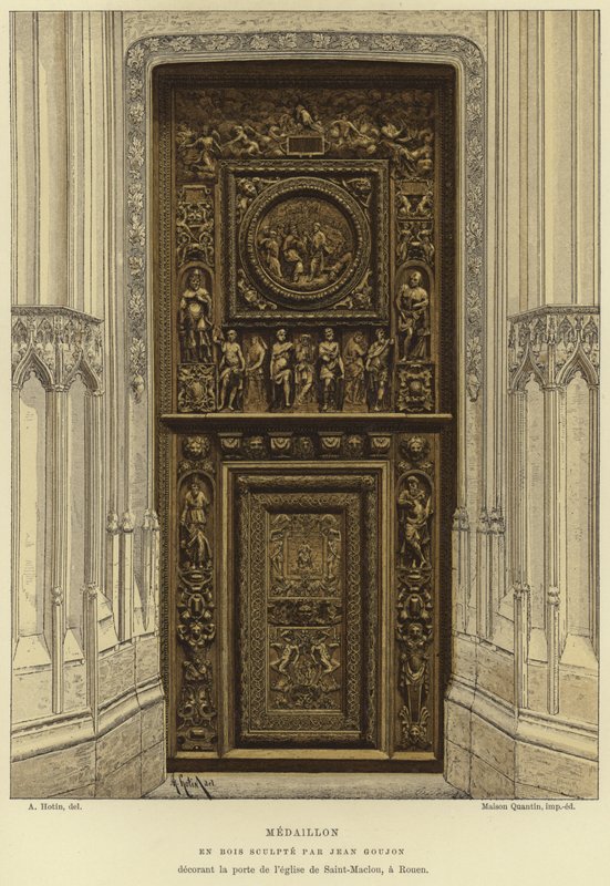Medailon ve dřevě vyřezaný Jean Goujon ve dveřích kostela Saint-Maclou, Rouen od French School