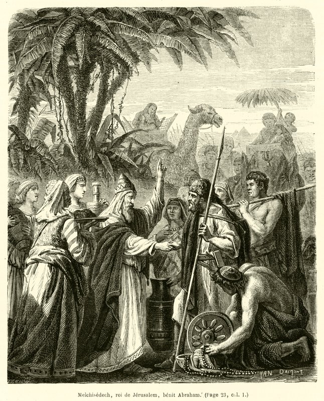 Melchisedech, roi z Jeruzaléma, benit Abraham (rytina) od French School