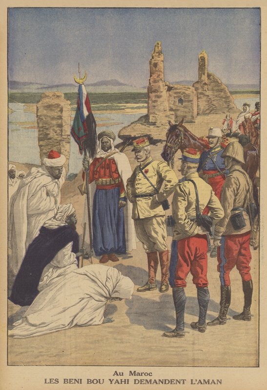 Členové kmene Beni Bou Yahi žádají o odpuštění za útok na francouzský konvoj v Maroku (barva litho) od French School