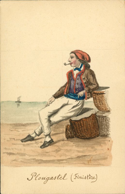 Mužský kroj z Plougastelu, Finistere (barevná litografie) od French School
