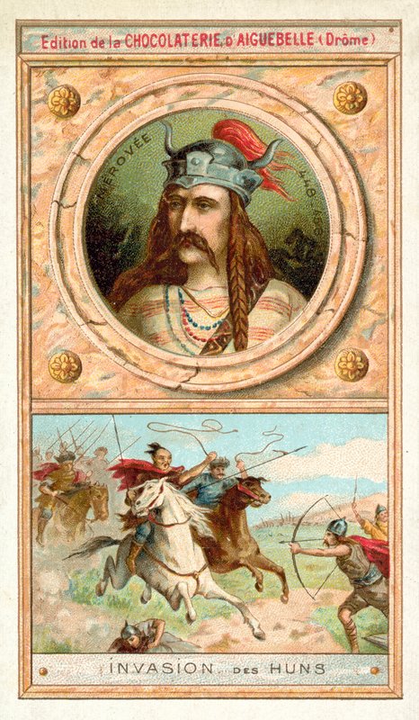 Merovech, král salianských Franků, a invaze Hunů, 451 (chromolitho) od French School