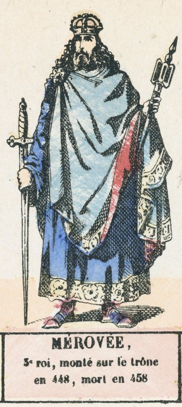 Merovi, ૩ a roi, monte sur le tarone n ૪૪૮, mort n ૪૫૮ (barevná rytina) od French School