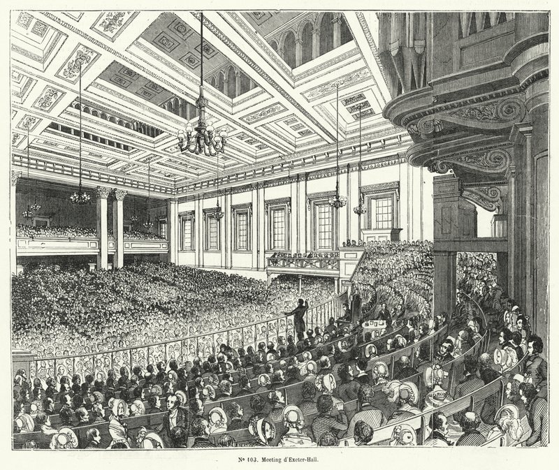 Setkání Anti-Corn Law League v Exeter Hall v Londýně od French School