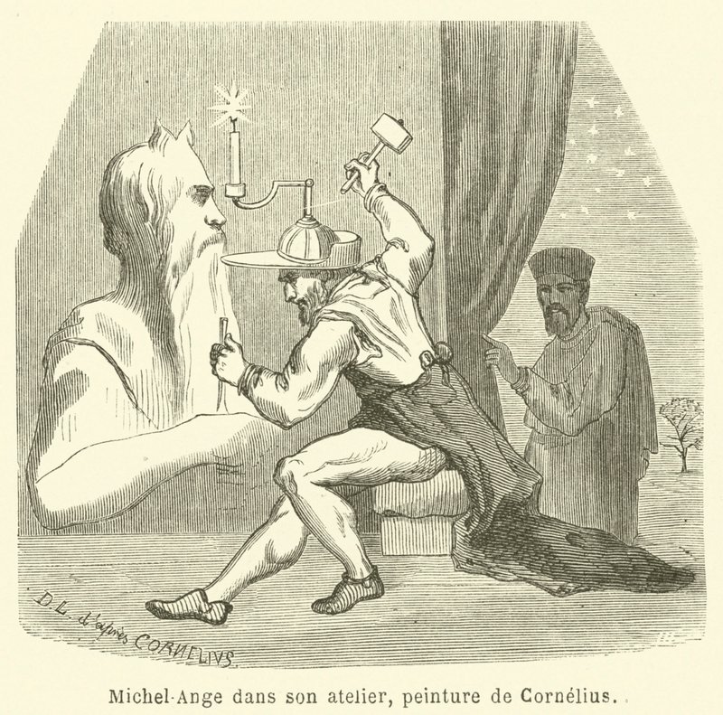 Michelangelo ve svém ateliéru (rytina) od French School