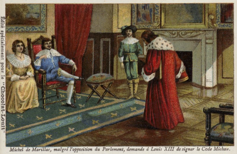 Michel de Marillac, navzdory odporu parlamentu, žádá Ludvíka XIII., aby podepsal zákoník Michau reformující francouzský právní systém, 1629 od French School