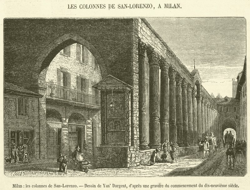 Milán, sloupy San-Lorenzo (rytina) od French School