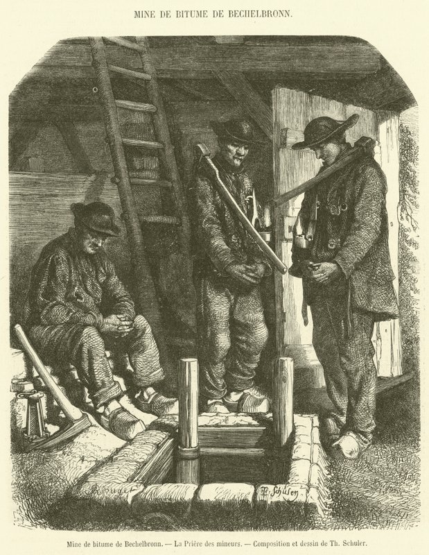 Bitumenový důl Bechelbronn, La Priere des mineurs (rytina) od French School