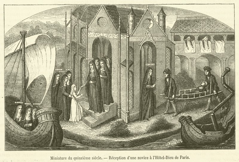Miniatura patnáctého století, přijetí novice v hotelu-Dieu v Paříži (rytina) od French School