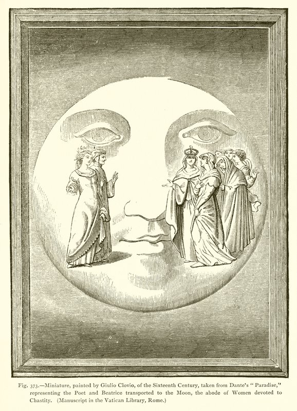 Miniatura, kterou namaloval Giulio Clovio ze šestnáctého století, převzatá z Dantesova ráje, od French School