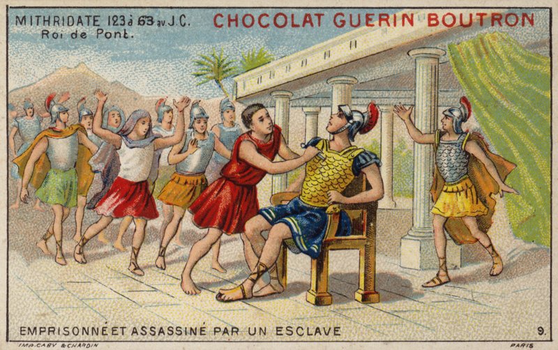 Mithridates VI z Pontu uvězněn a zavražděn otrokem (chromolitho) od French School