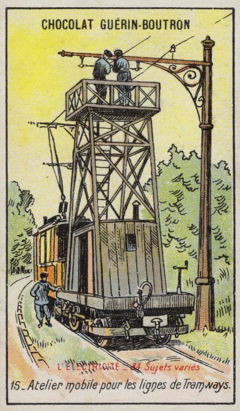 Mobilní plošina pro opravy nadzemního elektrického vedení na tramvajích (chromolitho) od French School
