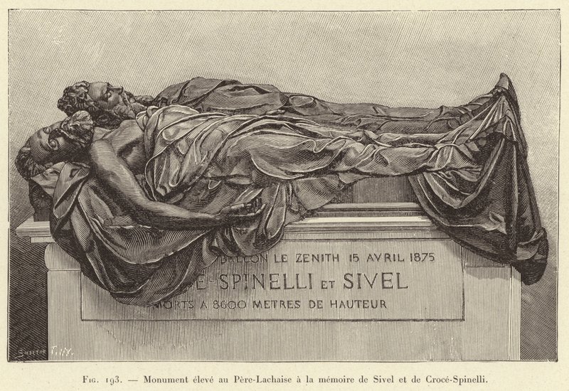 Památník postavený v Pere-Lachaise na památku Sivel a Croce-Spinelli (rytina) od French School
