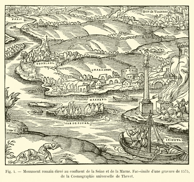 Římský pomník postavený na soutoku Seiny a Marny, Faksimile rytiny z roku 1575, z Cosmographie Universelle od Theveta od French School