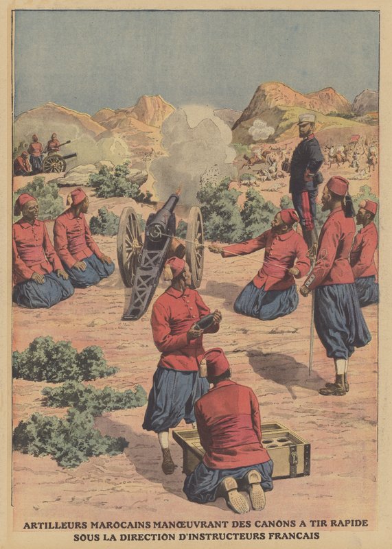 Maročtí dělostřelci střílející z rychlopalných děl pod vedením francouzských vojenských instruktorů (barva litho) od French School