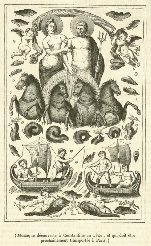Mozaika objevená v Constantine v roce 1842 a která bude brzy převezena do Paříže (rytina) od French School
