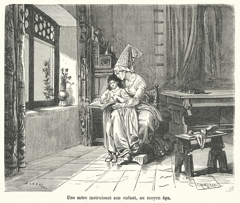 Matka učí své dítě ve středověku (rytina) od French School