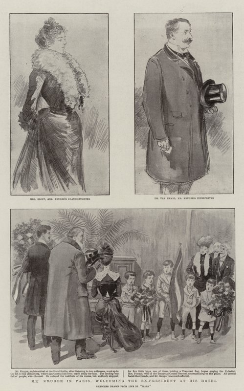Pan Kruger v Paříži, přivítání bývalého prezidenta ve svém hotelu (litho) od French School