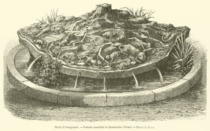 Etnografické muzeum, Quonncacha Monolith Fountain, Peru (rytina) od French School