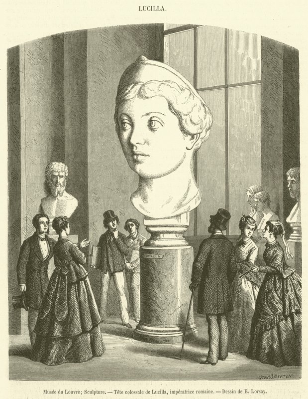 Muzeum Louvre, sochařství, kolosální hlava Lucilly, římská císařovna (rytina) od French School