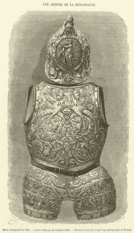 Retrospektivní muzeum z roku 1865, italské brnění šestnáctého století (rytina) od French School
