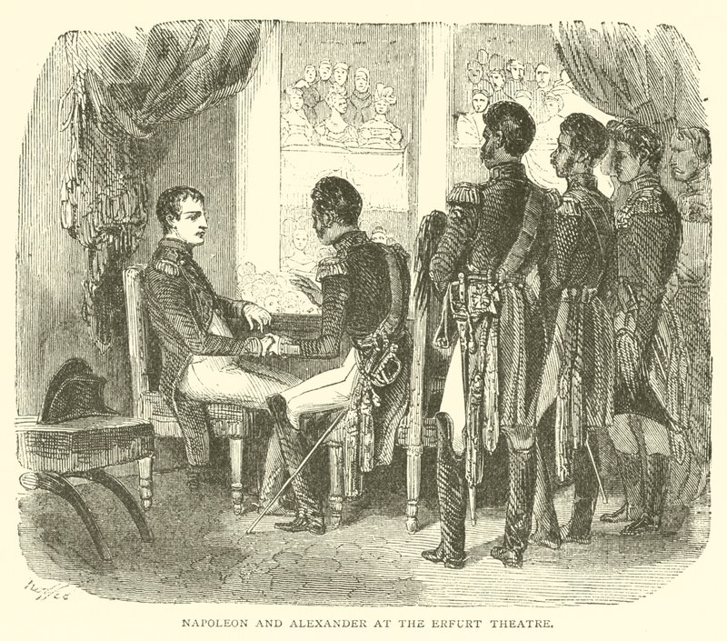 Napoleon a Alexander v divadle Erfurt (rytina) od French School