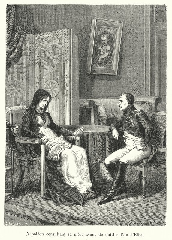 Napoleon se radí se svou matkou před odjezdem z ostrova Elba (rytina) od French School