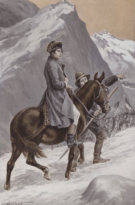 Napoleon při přechodu Alp od French School