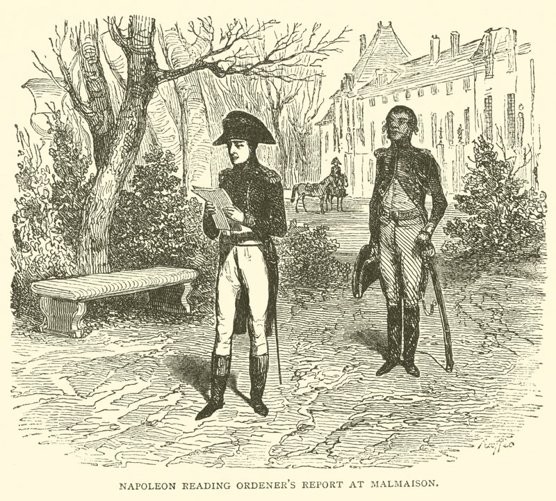 Napoleon čte ordenerovu zprávu v Malmaison (rytina) od French School