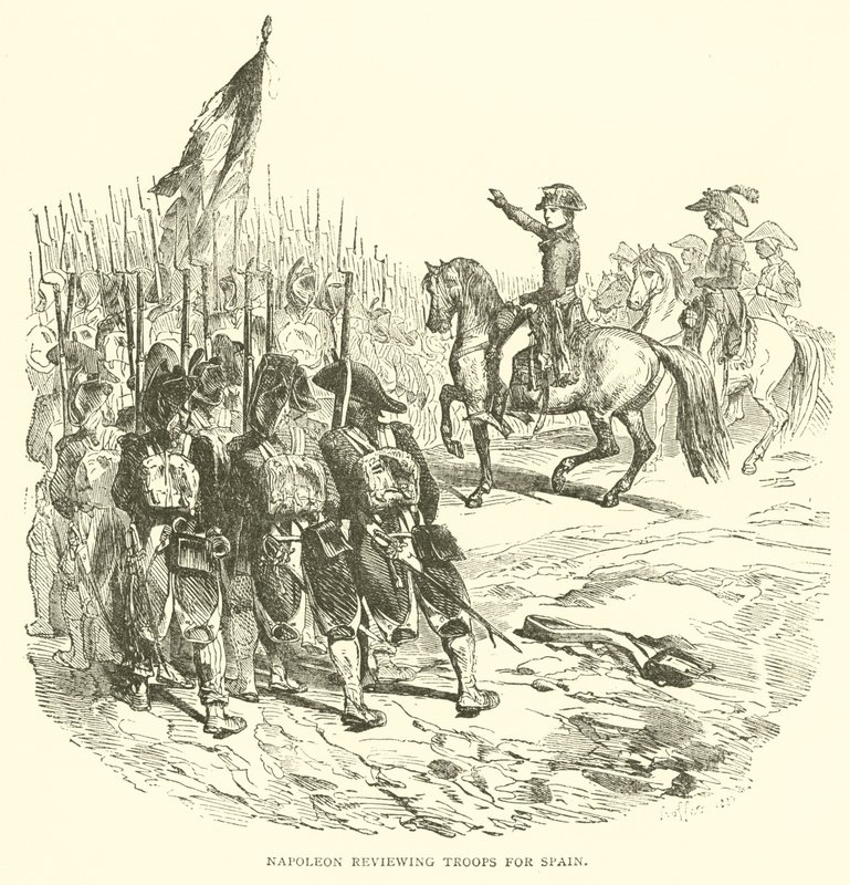 Napoleon kontroluje vojáky pro Španělsko (rytina) od French School