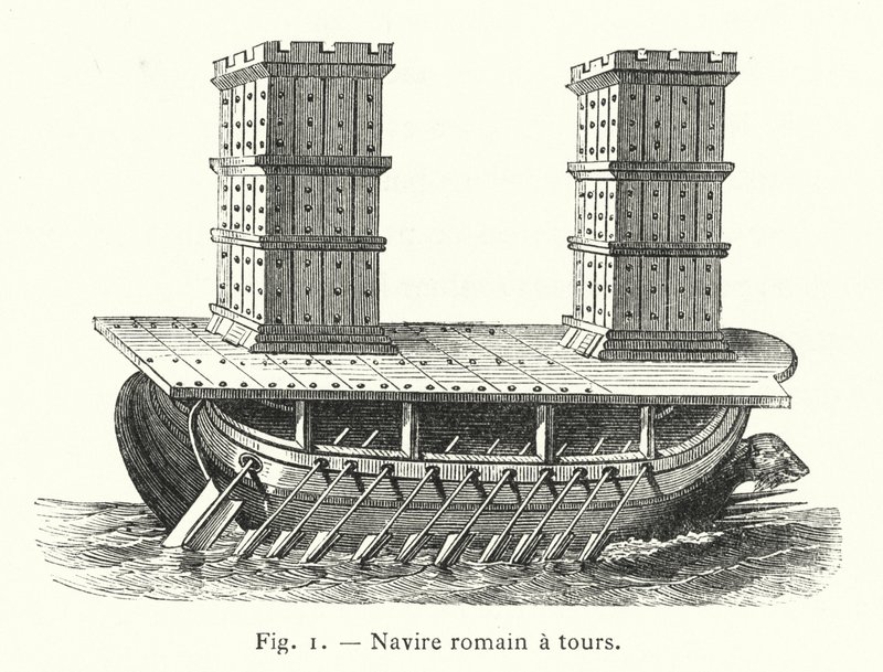 Římská loď s věžemi (rytina) od French School