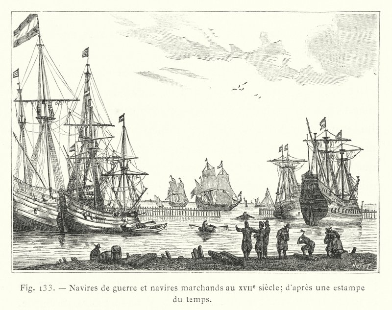Válečné a obchodní lodě v 17. století; z dobového tisku (rytina) od French School
