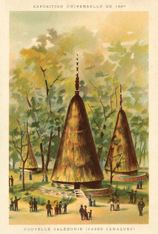 Nová Kaledonie (chaty Kanak), výstava Universelle 1889, Paříž (chromolitho) od French School