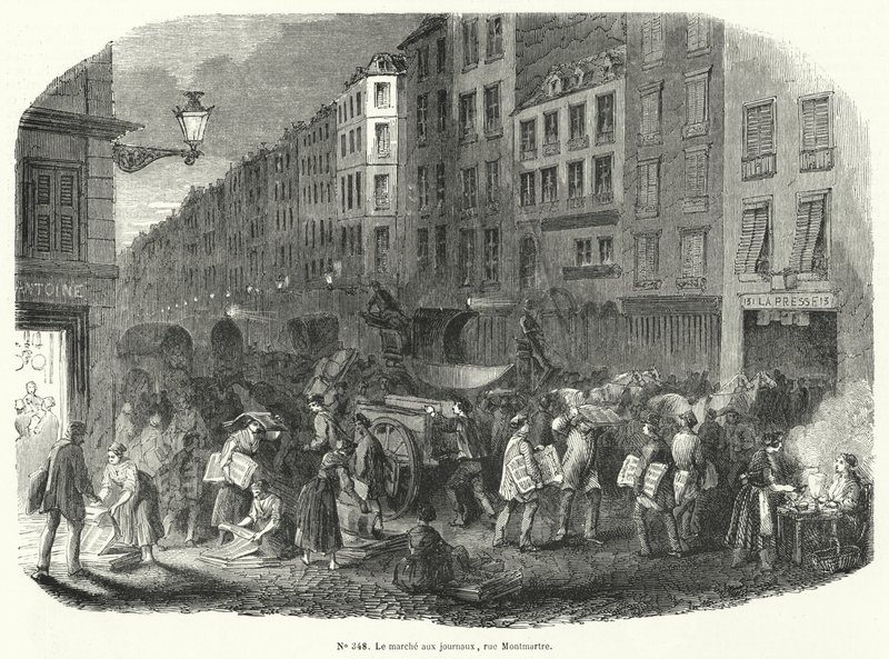 Novinový trh, Rue Montmartre, Paříž (rytina) od French School