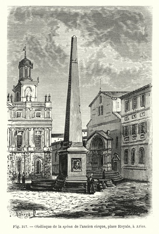 Obelisk páteře starého cirkusu, místo Royale, v Arles (rytina) od French School