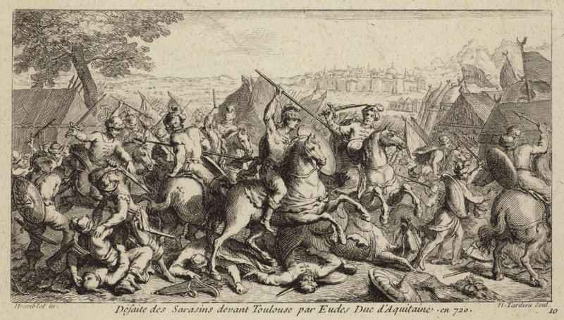 Odo, vévoda z Akvitánie, porazil Umajjovce v bitvě u Toulouse, 721 (rytina) od French School