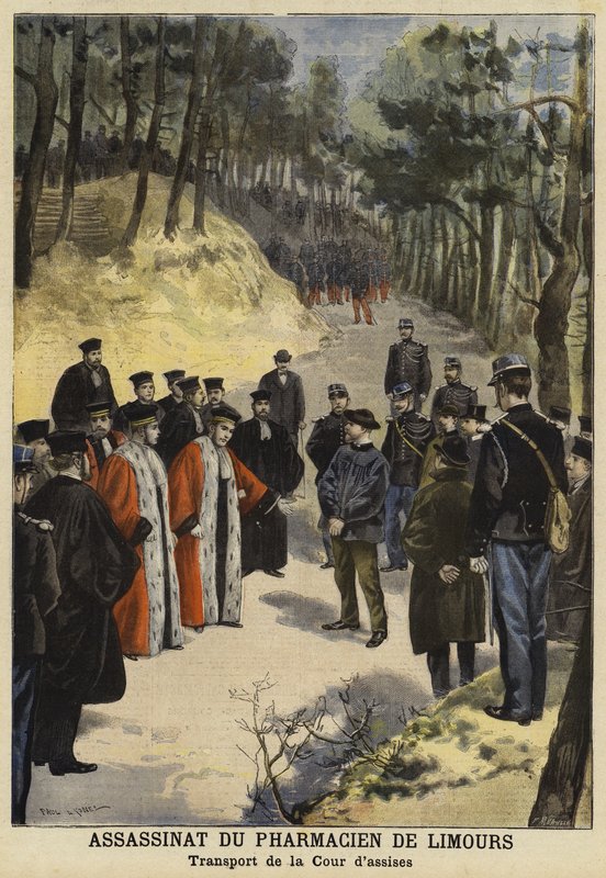 Soudní důstojníci navštívili místo vraždy pana Kauffmanna, lékárníka z Limours, poblíž Royat, Francie, 1897 od French School