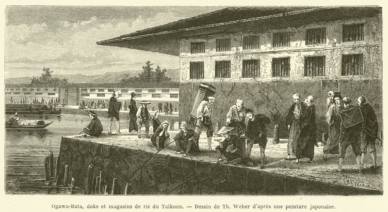 Ogawa-Bata, doks a sklady rýže Taikoun (rytina) od French School