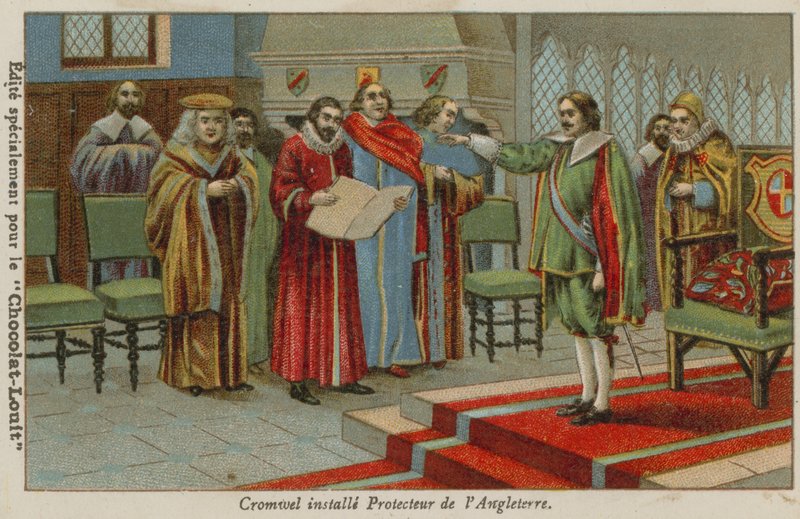 Oliver Cromwell složil přísahu jako lord protektor Anglie, Skotska a Irska, 1653 od French School