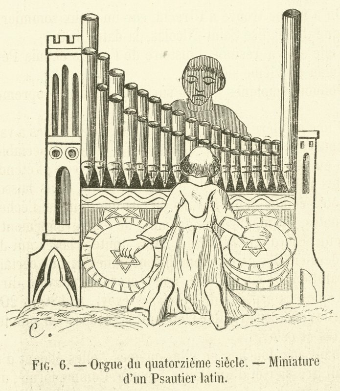 Varhany ze čtrnáctého století, miniatura latinského žaltáře (rytina) od French School