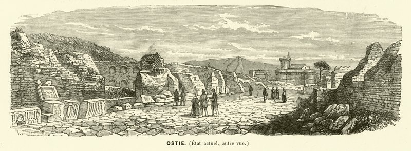 Ostia, námořní přístav starověkého Říma, Itálie (rytina) od French School