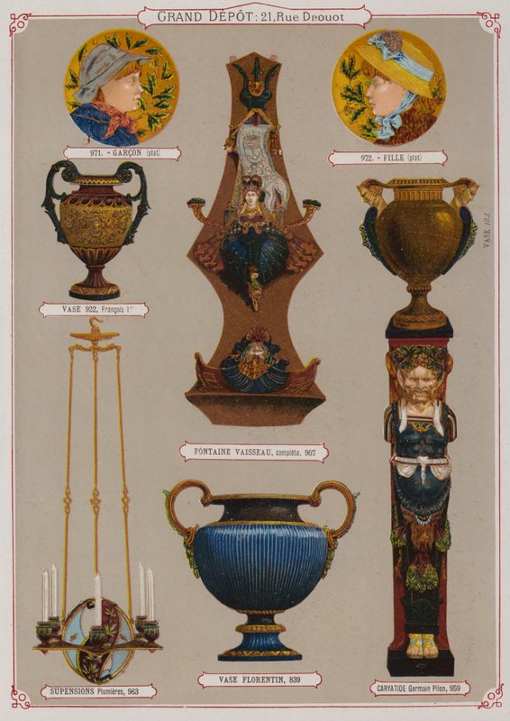 Stránka z katalogu Grand Depot de Porcelaines, Faiences et Verreries (barevné lito) od French School