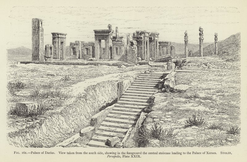 Palác Darius, pohled z jižní strany, ukazující v popředí centrální schodiště vedoucí do paláce Xerxes od French School