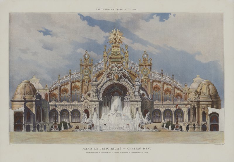 Palác elektřiny a vodní zámek, Všeobecná výstava 1900, Paříž (barevné lito) od French School