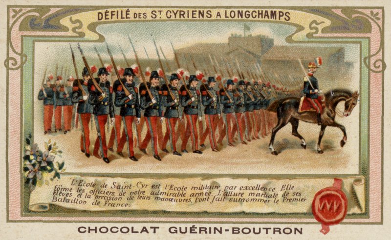 Přehlídka kadetů z vojenské školy Saint-Cyr v Longchamps, Francie (chromolitho) od French School